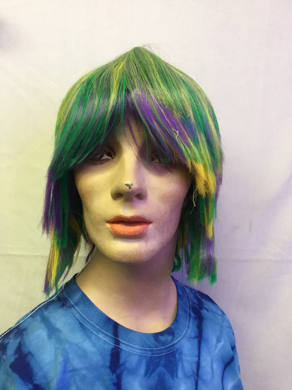Mardi Gras Choppy Yellow Green Purple Layered Fat Tuesday Party Wig by HalloweenStore.com