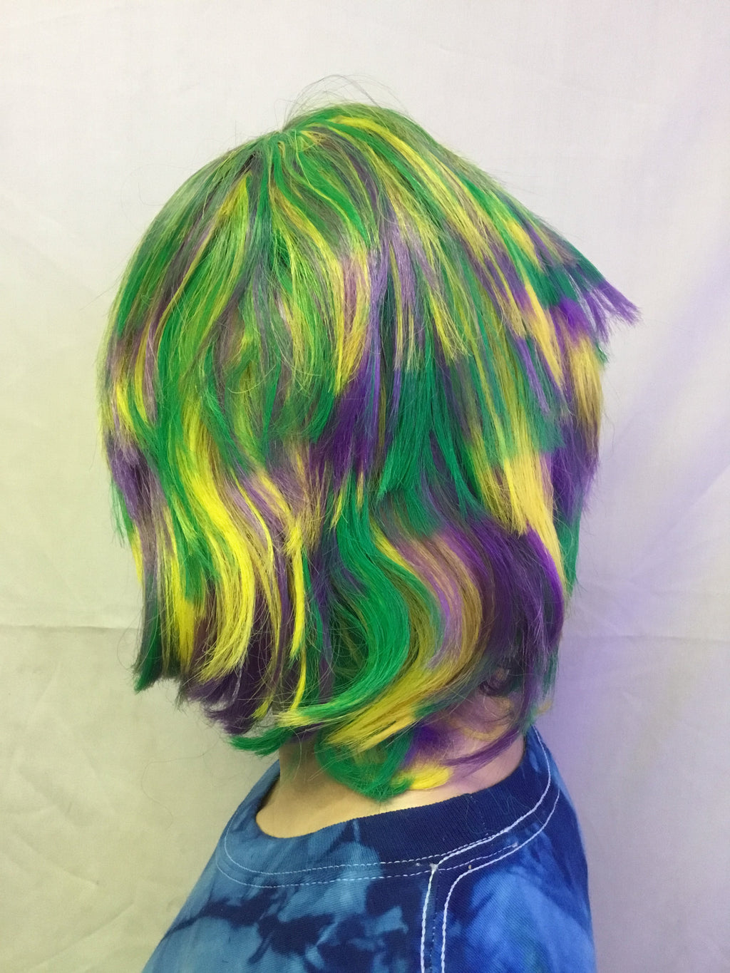 Mardi Gras Choppy Yellow Green Purple Layered Fat Tuesday Party Wig by HalloweenStore.com