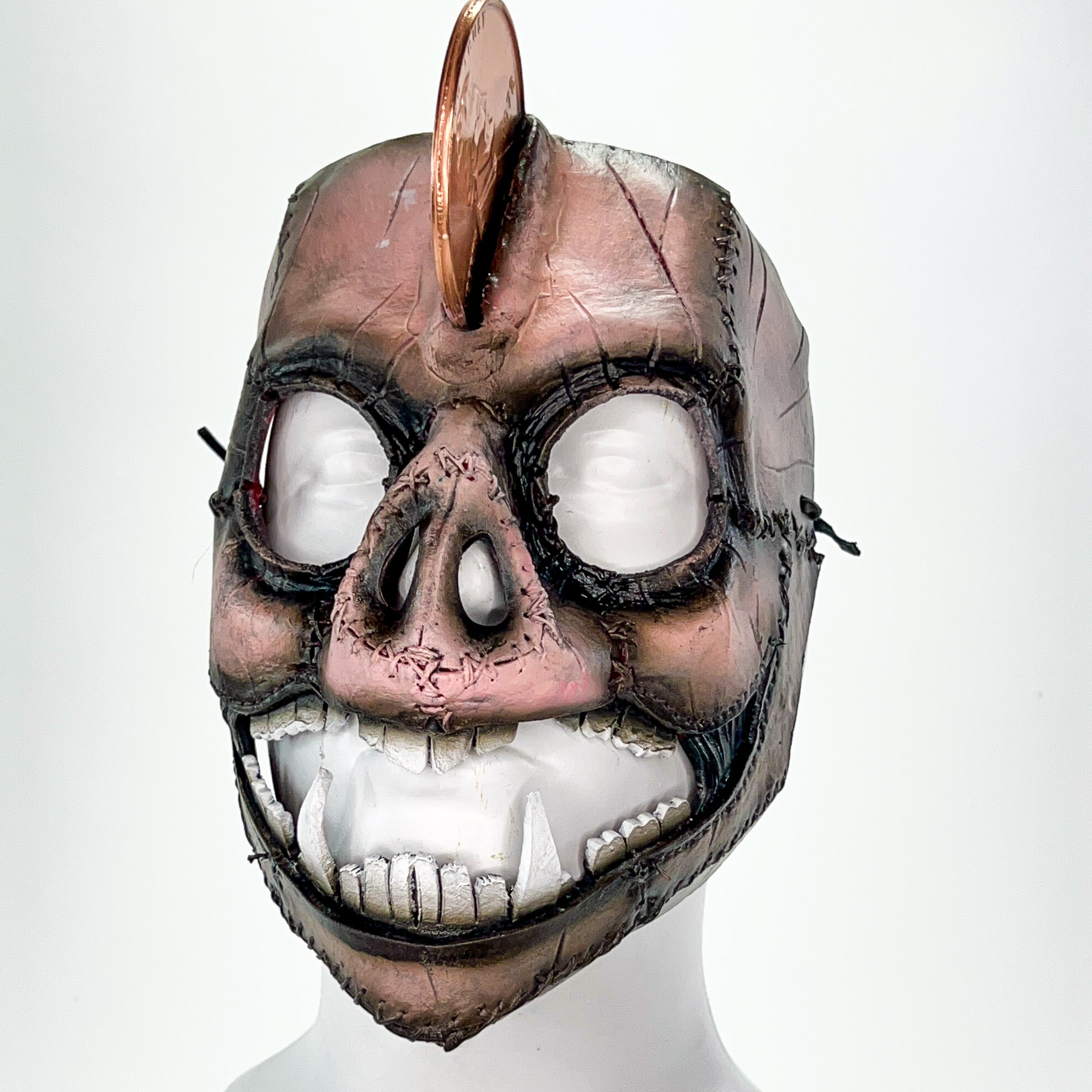 Demented Piggy Bank - Genuine Leather Mask - Real Copper Penny - Handmade Full Face Cover for Halloween or Performance Costume by Rockwell Masks