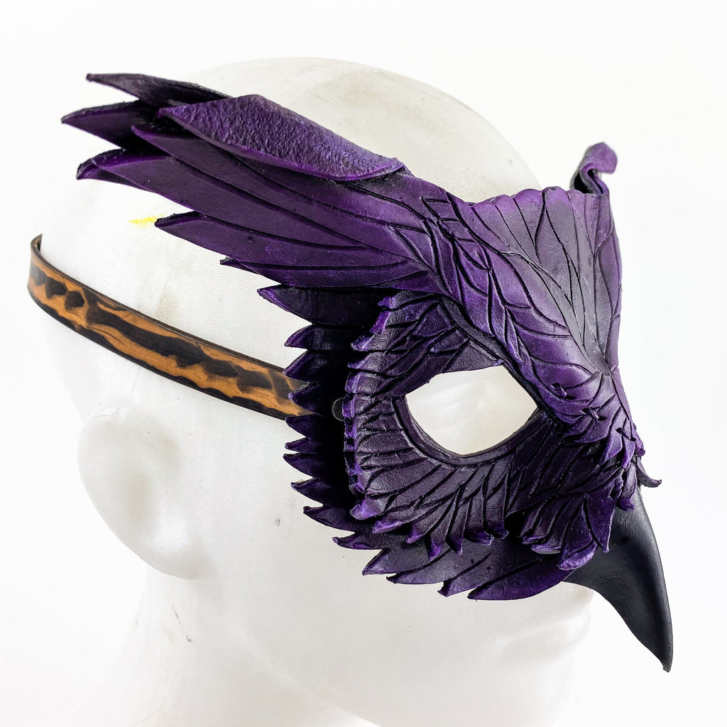 Layered Horned Owl Handmade Genuine Leather Mask in Purple by Rockwell Masks