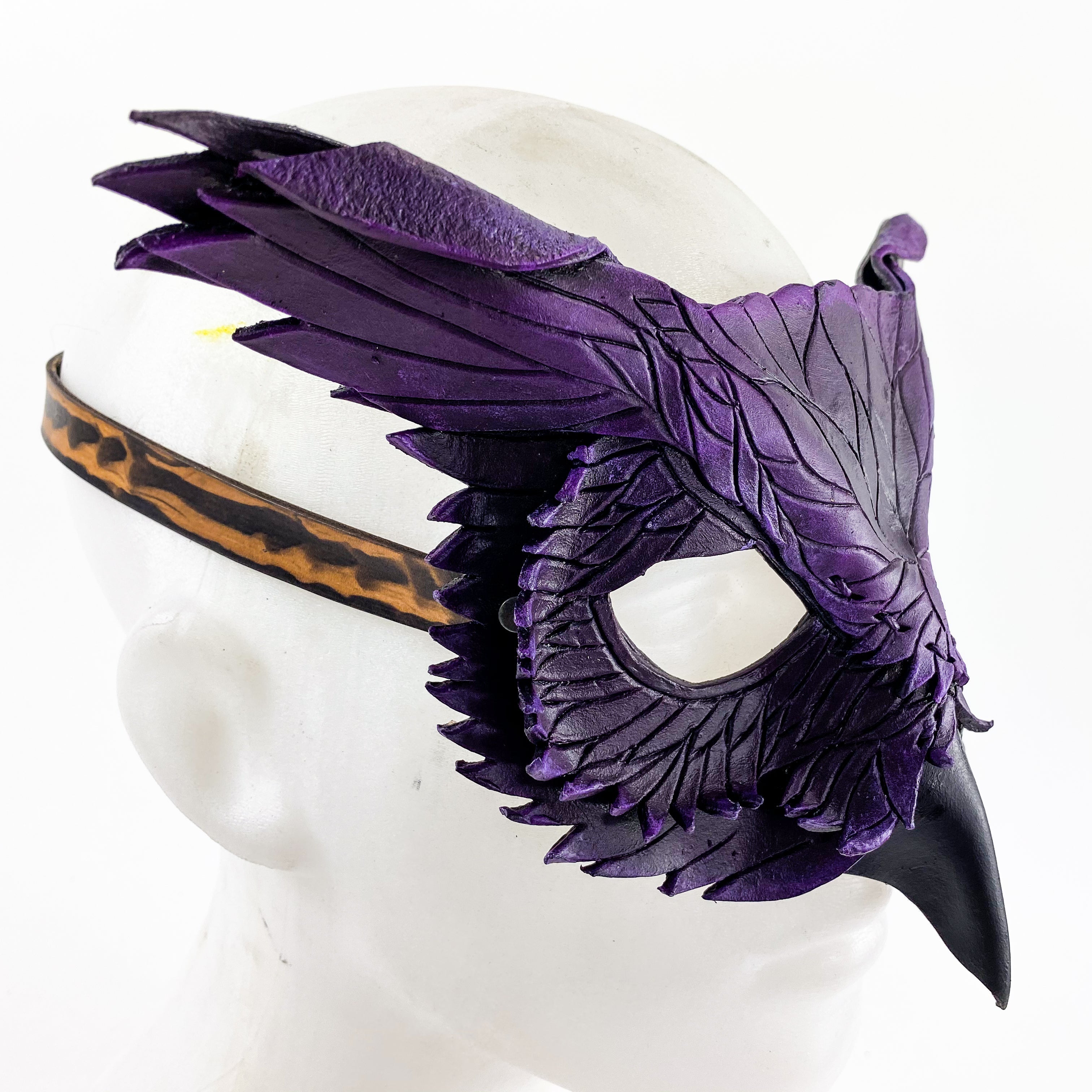 Layered Horned Owl Handmade Genuine Leather Mask in Purple by Rockwell Masks