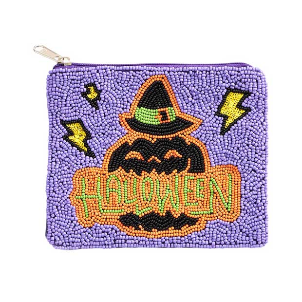 Halloween Message Pumpkin Seed Beaded Halloween Mini Pouch Bag by Madeline Love