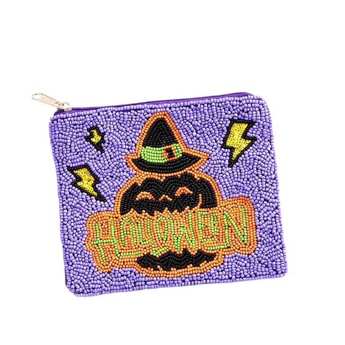 Halloween Message Pumpkin Seed Beaded Halloween Mini Pouch Bag by Madeline Love