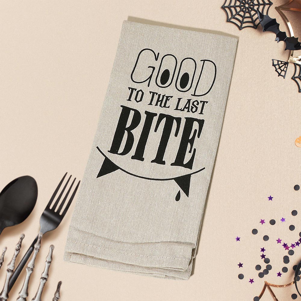 GOOD TO THE LAST BITE Halloween Message Kitchen Towel by Madeline Love
