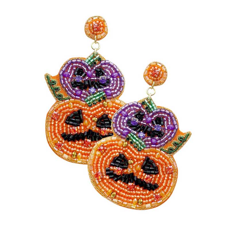 Felt Back Halloween Pumpkin Beaded Dangle Earrings by Madeline Love