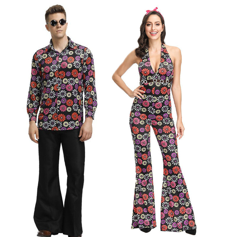 70s Disco Onesie Costume - Vintage Hippie Flower Power Jumpsuit for Couple Show & Theme Parties by SHOMICOBOUTIQUE
