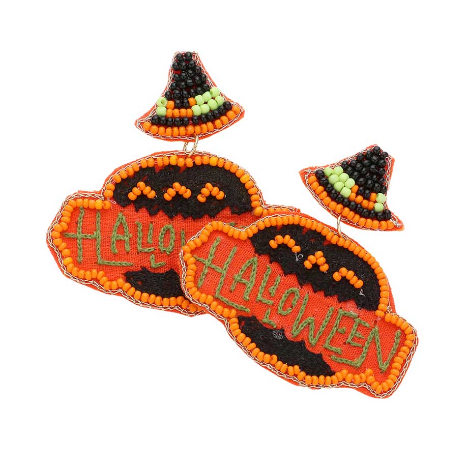 Halloween Message Beaded Witch Hat Pumpkin Earrings by Madeline Love