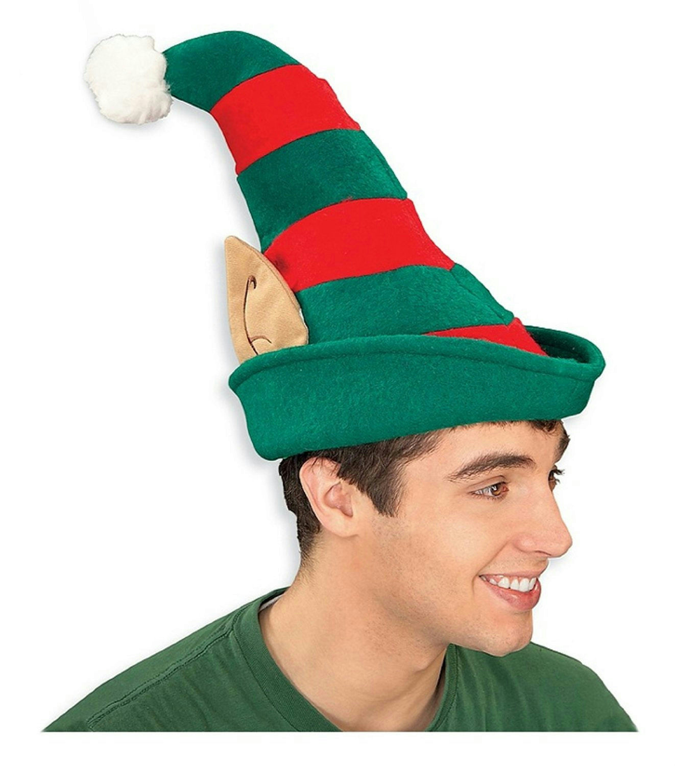 Red and Green Striped Christmas Elf Hat with Ears and Pom Pom by HalloweenStore.com