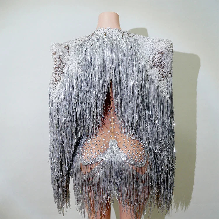 Rhinestone Tassel Fringe Jacket And Dress Costume Set