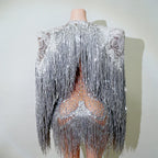 Rhinestone Tassel Fringe Jacket And Dress Costume Set