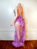Purple Spiderweb Rhinestone Halter Bodysuit & Trailing Ruffle Tulle Skirt 2-Piece Stage Costume Set