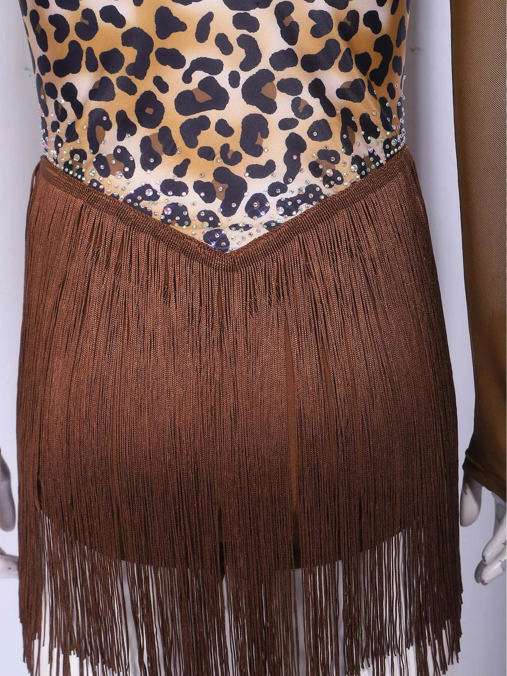 Leopard Print Rhinestone Tassel Dance Dress Long Sleeve Keyhole Bodysuit