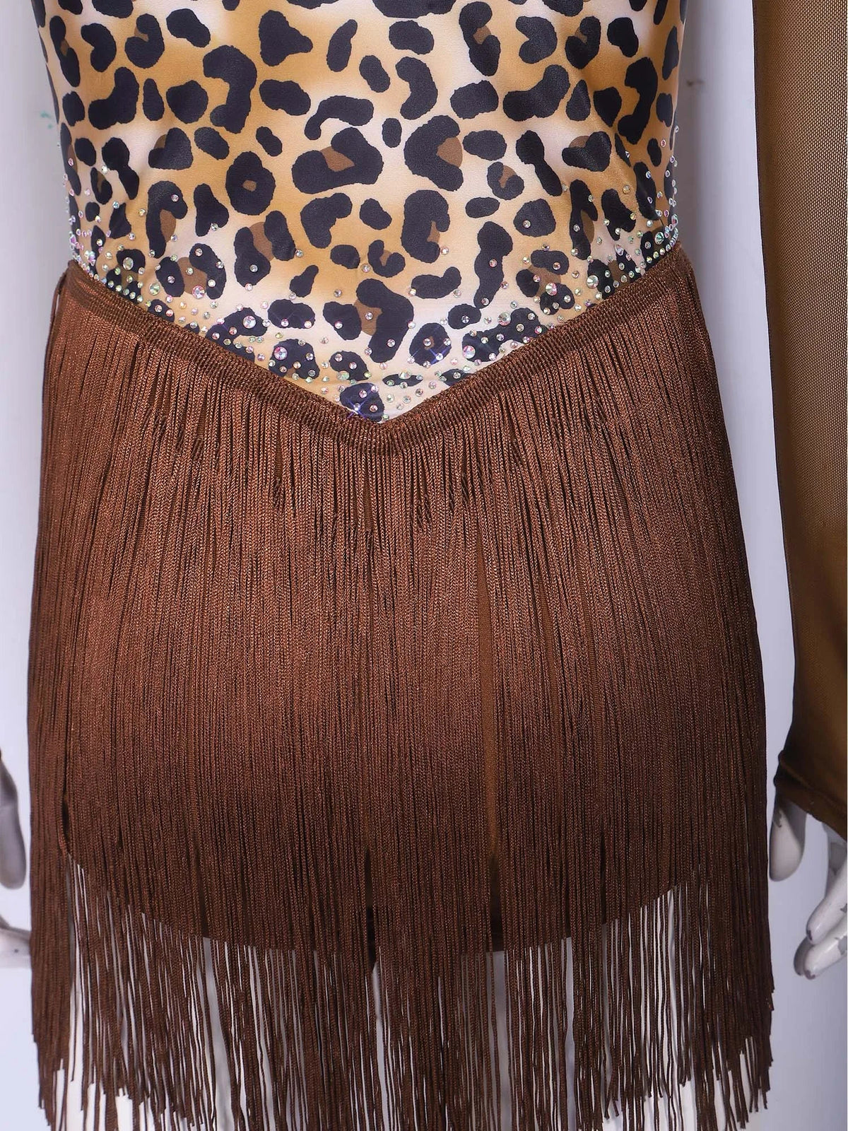 Leopard Print Rhinestone Tassel Dance Dress Long Sleeve Keyhole Bodysuit
