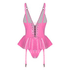 Glossy Wet-Look Halter Romper Bodysuit with Flared Skirt Hem & Integrated Garters