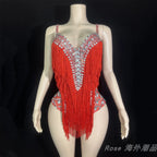 Custom Fringe Rhinestone Bodysuit & Stage Performance Dance Costume
