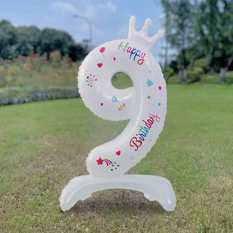 Birthday Digital Balloon White Standing 32 inch Happy Birthday Printed Aluminum Film Birthday Party Crown Balloon