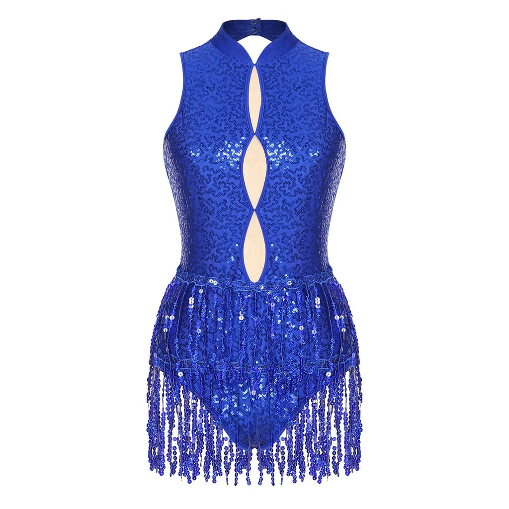 Glitter Sequin Fringe Latin Dance Leotard & Backless Performance Bodysuit