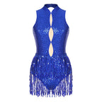 Glitter Sequin Fringe Latin Dance Leotard & Backless Performance Bodysuit