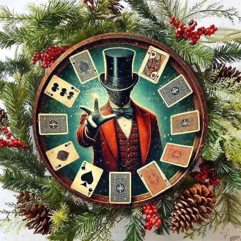 2D Flat, 1pc Vintage Magic Show Metal Wall Plaque - 7.8" Round Aluminum Art with Mysterious Wizard & Playing Cards Design, Durab