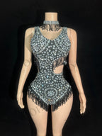 Sparkly Rhinestone Tassel Mock Neck Bodysuit Sleeveless Showgirl Stage Leotard