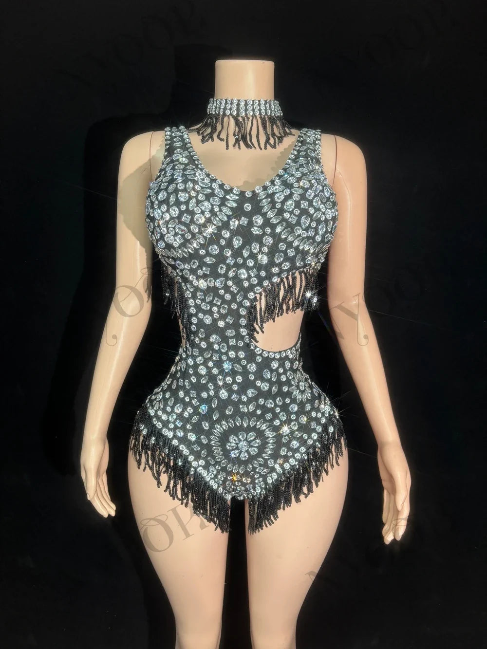 Sparkly Rhinestone Tassel Mock Neck Bodysuit Sleeveless Showgirl Stage Leotard