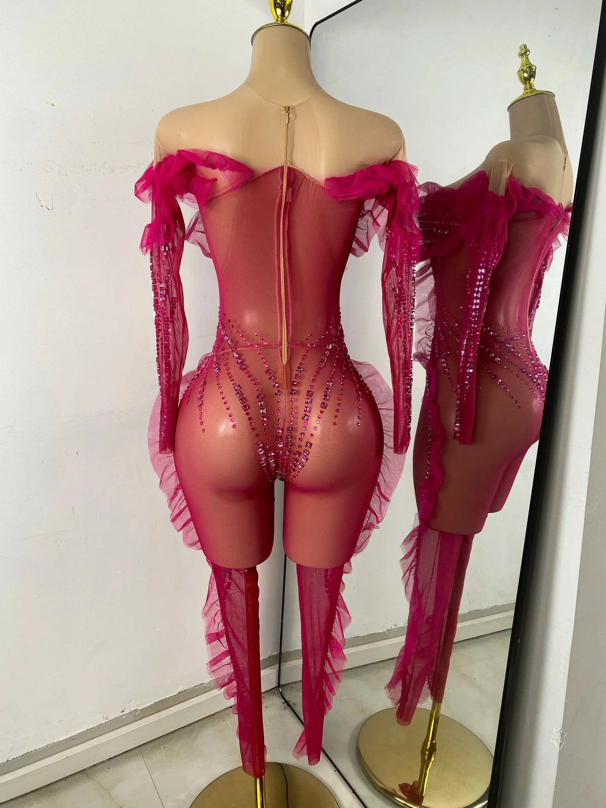 Sparkly Diamonds Women Long Sleeve See Through Mesh Tight Jumpsuit Costume Nightclub Dancer Outfit Performance Stage Wear