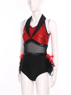 Women's Shiny Sequin Sheer Mesh Feather Latin Jazz Dance Bodysuit