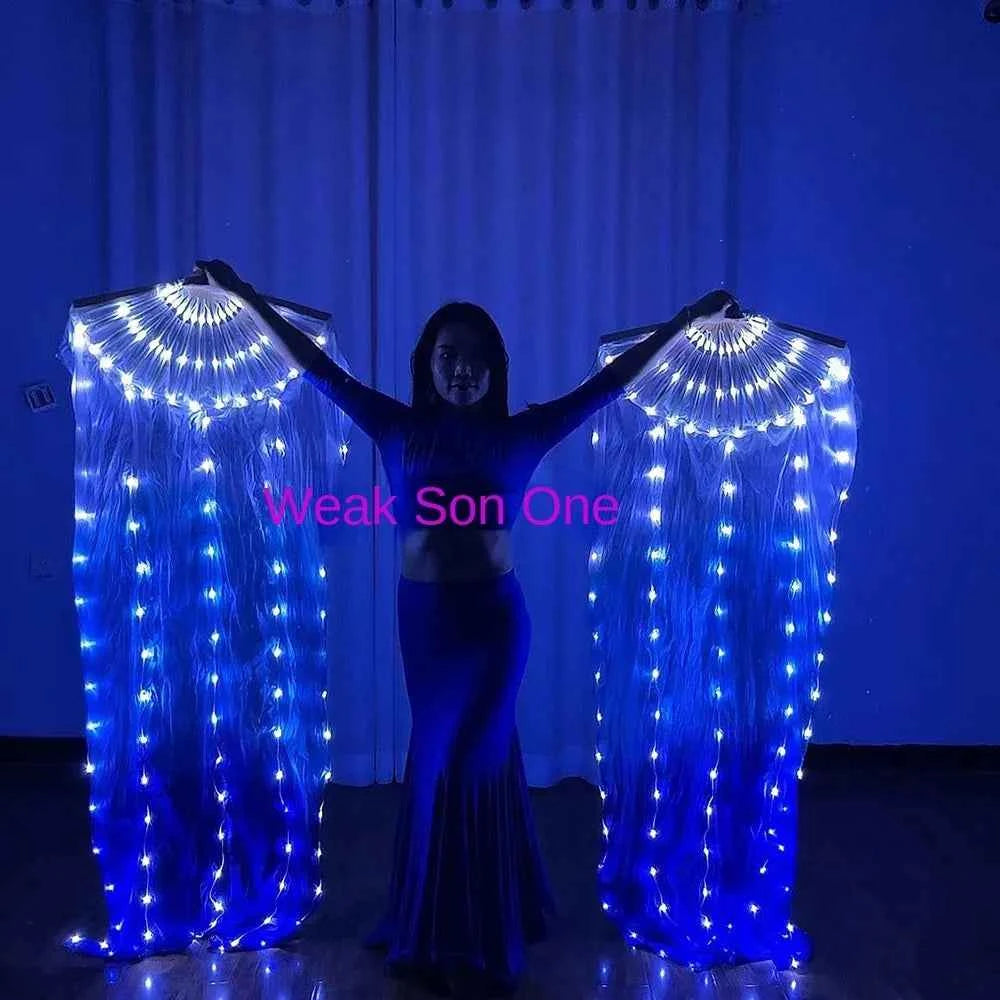 Fan white and blue gradual change silk fabric dance props cord string charging stage performance