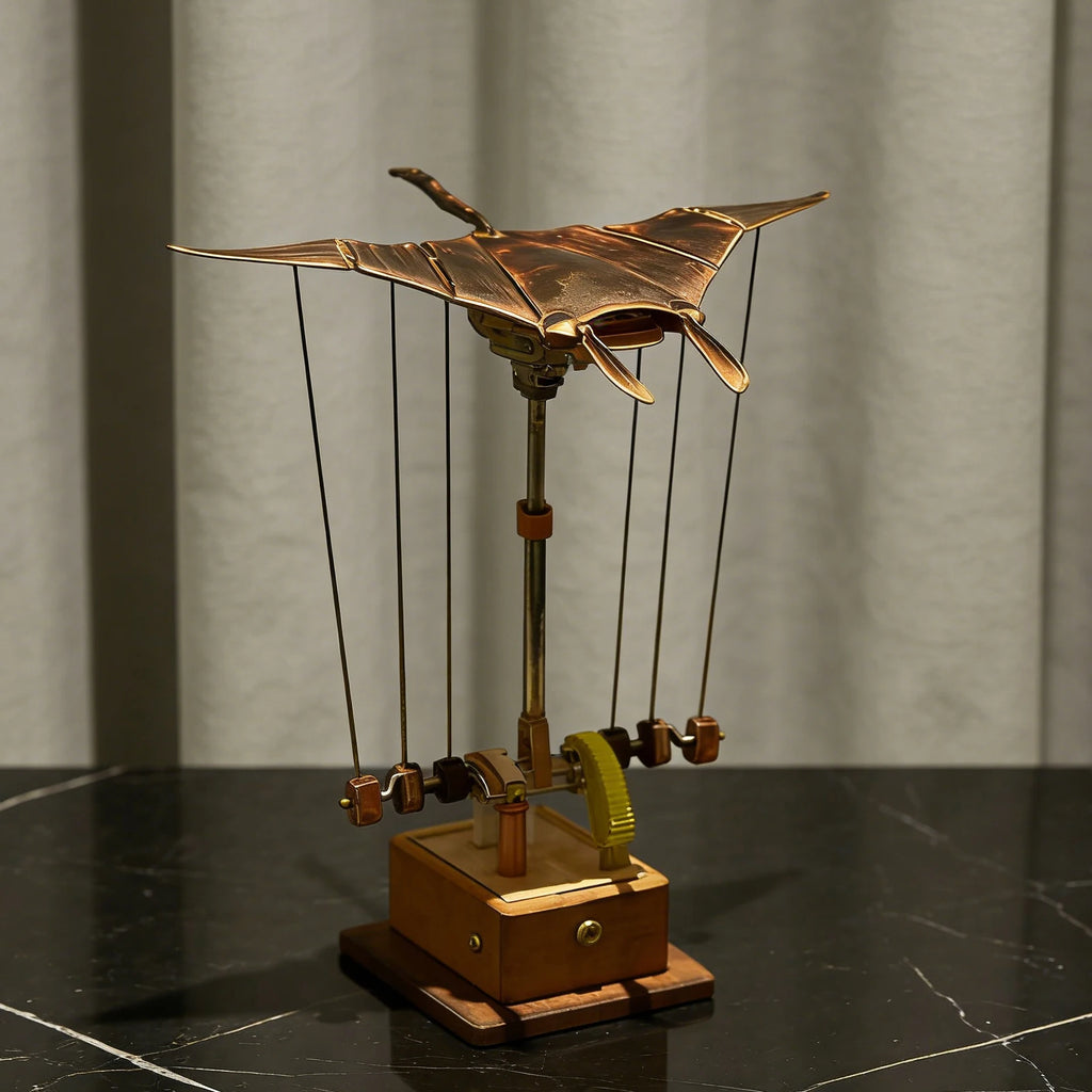 Artisan Wooden Manta Ray Automaton Handcrafted Mechanical Ocean Animal Ornaments Hand-Cranked Kinetices DIY Puzzle Decoration