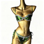 Emerald Green Rhinestone String Bikini Set Crystal Costume Set Beach Pool Party