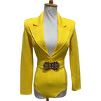 Women's Long Sleeve Blazer Bodysuit with Crystal Belt, V-Neck Zipper Stage & Concert Performance Costume