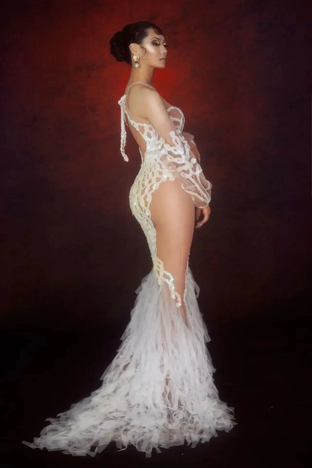 Silver Glitter Sequin Mesh Floor-Length Showgirl Gown – Glamour Stage Performance & Evening Gala Dress