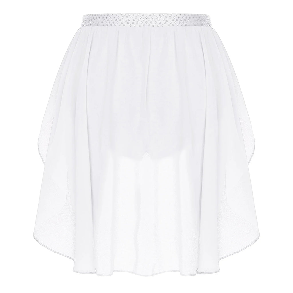 Womens Modern Lyrical Dance Skirt Performance Costume Sparkly Rhinestone Irregular Chiffon Hem Built-in Briefs Skirt Dancewear