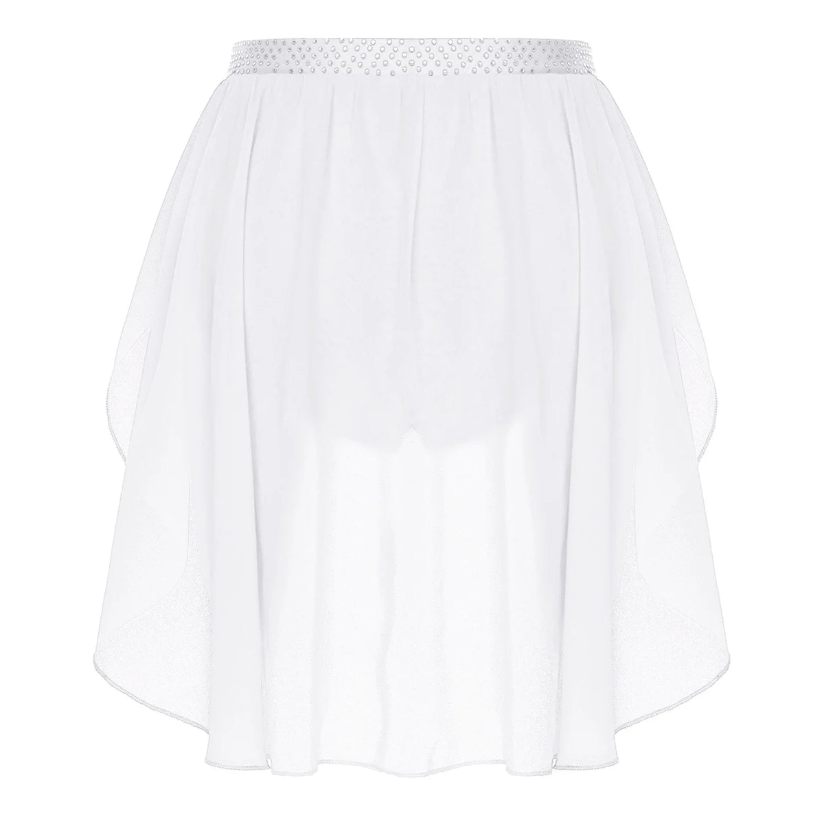 Womens Modern Lyrical Dance Skirt Performance Costume Sparkly Rhinestone Irregular Chiffon Hem Built-in Briefs Skirt Dancewear
