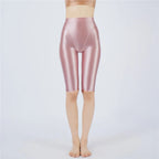 Oil Glossy High-Stretch Knee-Length Shorts Satin Shine Performance Biker Shorts