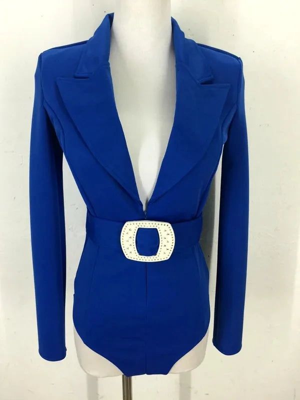 Women's Long Sleeve Blazer Bodysuit with Crystal Belt, V-Neck Zipper Stage & Concert Performance Costume