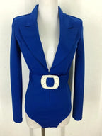 Women's Long Sleeve Blazer Bodysuit with Crystal Belt, V-Neck Zipper Stage & Concert Performance Costume