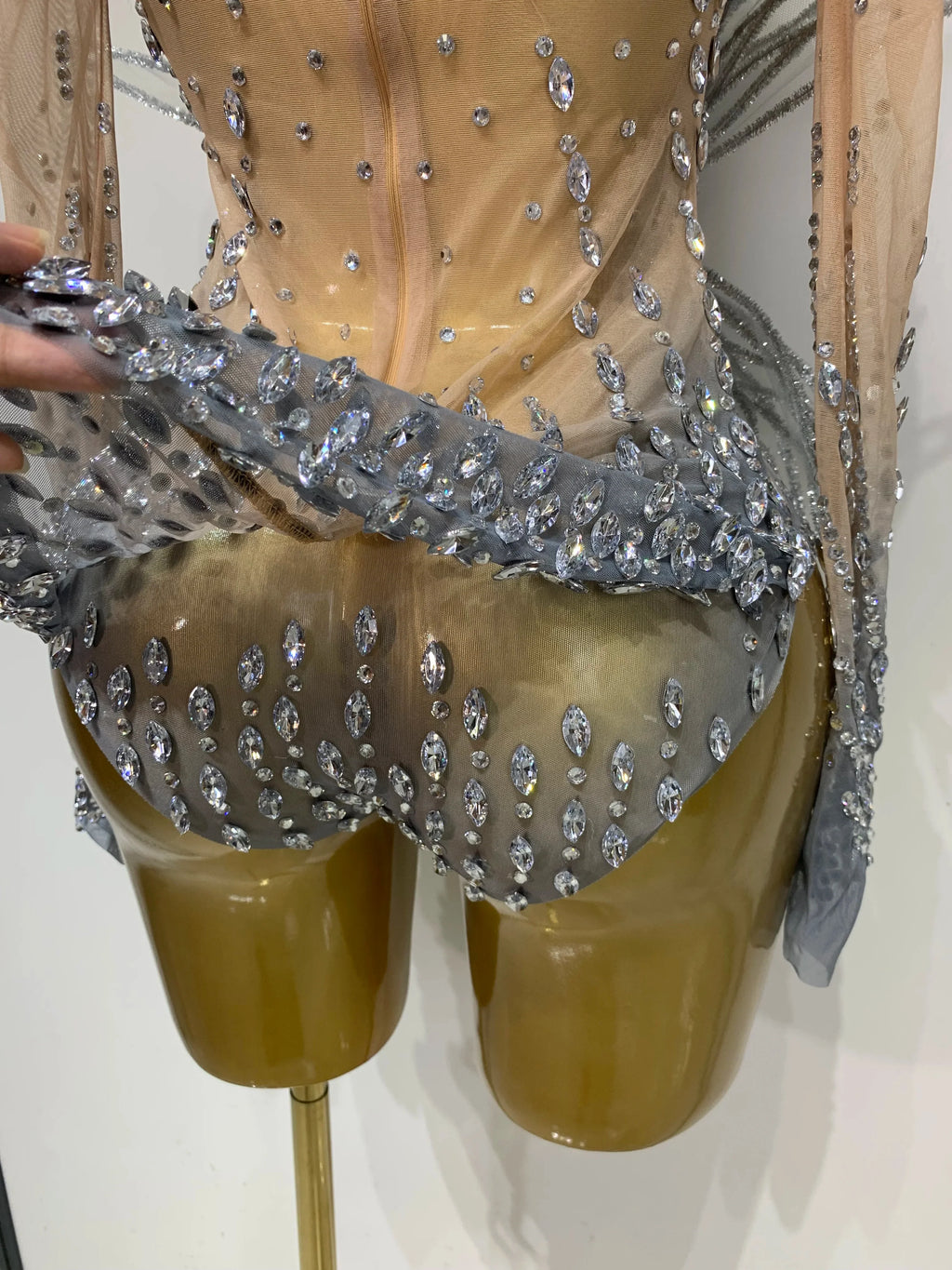 Luxury Shining Diamond See-Through Mesh Bodysuit Stage Performance Jumpsuit