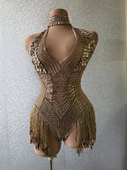 Gold Sparkly Rhinestone & Sequin Deep V-Neck Leotard Stage Performance Costume