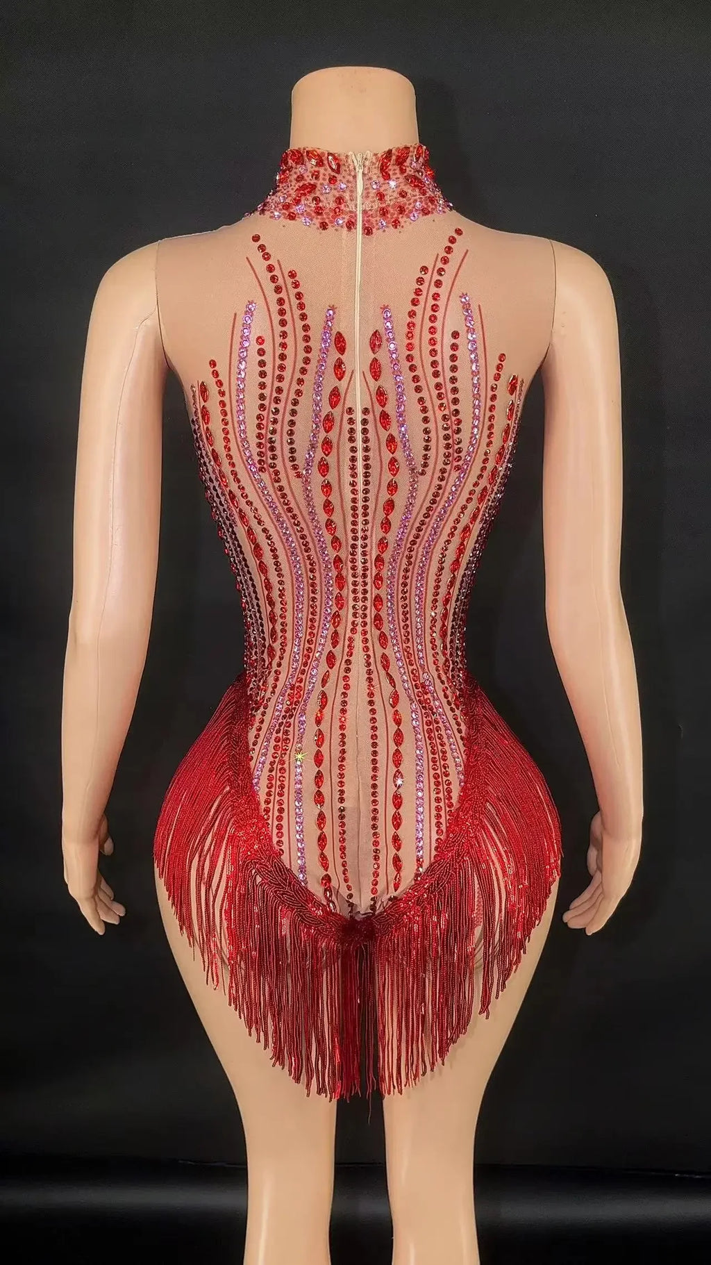 Sparkly Rhinestone, Sequin & Fringe Sleeveless Bodysuit Stage Performance Costume