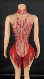 Sparkly Rhinestone, Sequin & Fringe Sleeveless Bodysuit Stage Performance Costume