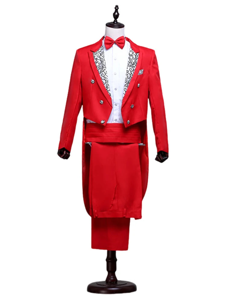 Tailcoat Suits Men Vest Jacket White Tail Coat Chorus Tuxedo Floral Stage Costume Singer Performer Magician Host Outfits - Big Tim's Magic Emporium