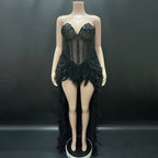 V-Neck Crystal Corset High-Low Feather Gown & Special Occasion Birthday Dress