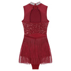 Sparkly Sequin & Fringe Dance Dress with Gloves Latin Stage Performance Costume