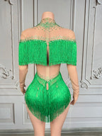 Sparkly Rhinestone Tassel Fringe Dance Performance Costume Stage Bodysuit