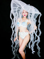 Pearl & Crystal Bustier Bikini Set & LED Illuminated Jellyfish Tentacle Headdress Stage Costume