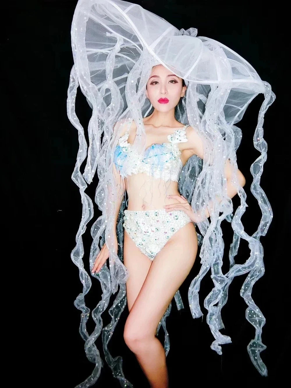 Pearl & Crystal Bustier Bikini Set & LED Illuminated Jellyfish Tentacle Headdress Stage Costume