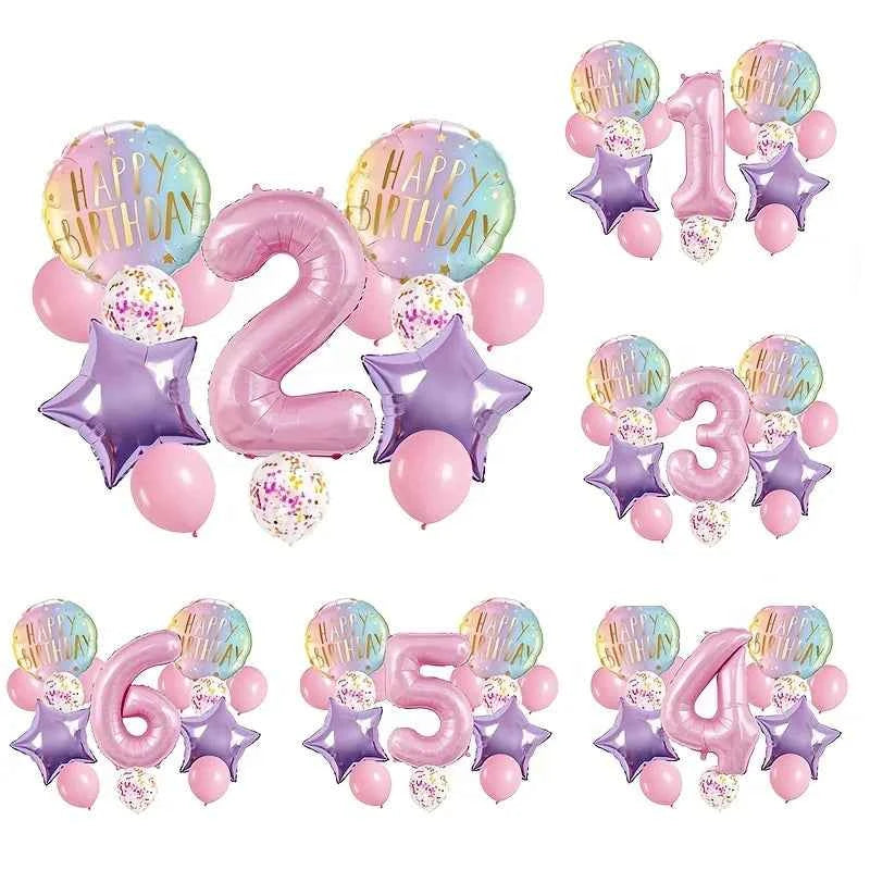 Pink Birthday Party Balloon Set, Includes 40inch Numbers 1-6 and 18inch Light Purple and Red Star-Shaped Foil Balloons, Suitable for Birthday, Wedding, and Other Party Decorations and Celebration Photo Props