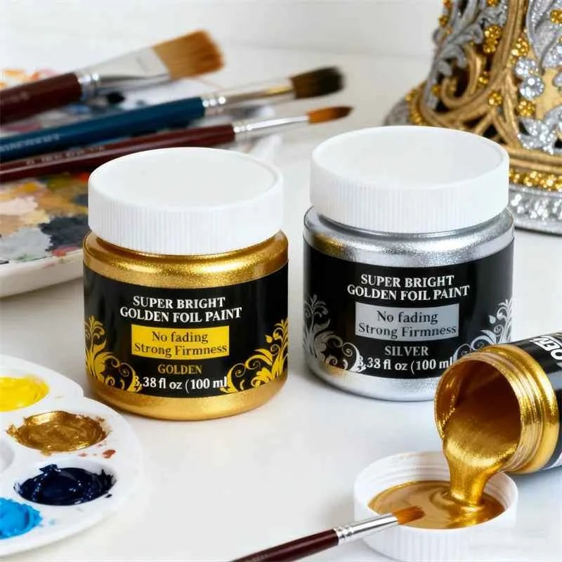 Waterproof 100ml/3.4oz Golden/Silver Paint Metallic Acrylic Paint | For Coloring DIY Hand Clothes Painted Graffiti Pigments