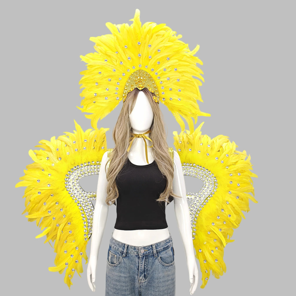 Carnival Elegant Ladies Feather Headdress Wings Two-Piece Role Play Catwalk Halloween Masquerade Carnival Party Suit